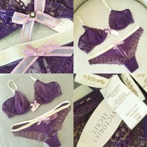 Victoria's Secret Vintage Purple Gold Shimmer Lace Bra & Thong Panty Set NWT